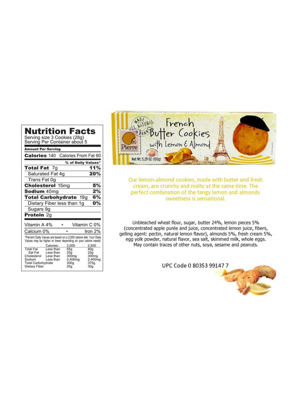 PIERRE Biscuiterie French Butter Cookies with Lemon & Almond 5.29oz
