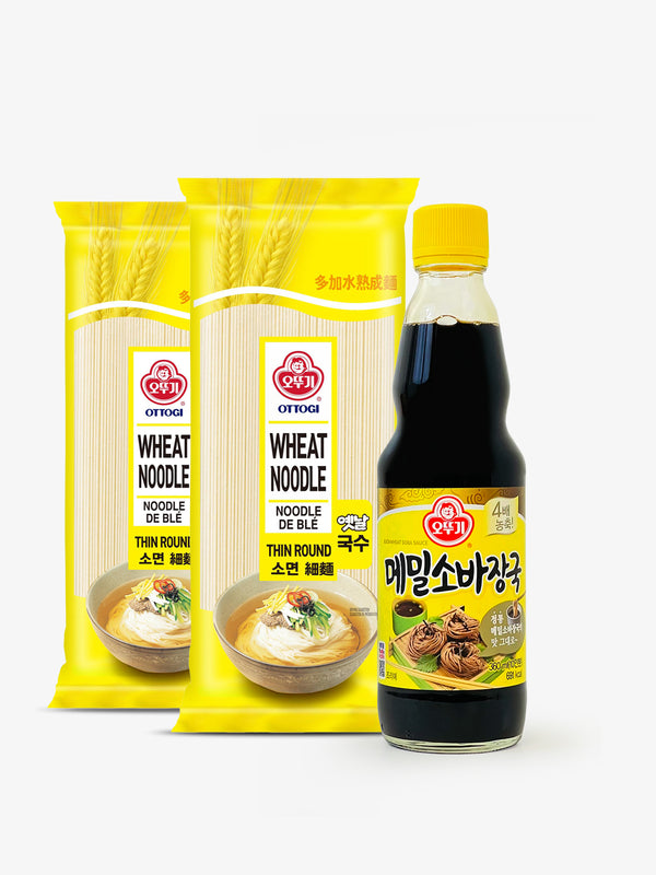 OTTOGI Thin Round Wheat Noodle [So-Myun] with Buckwheat Noodle Soup Base SET
